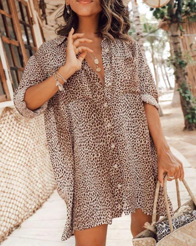 

Cheetah Print Button Front Shirt Dress, Khaki