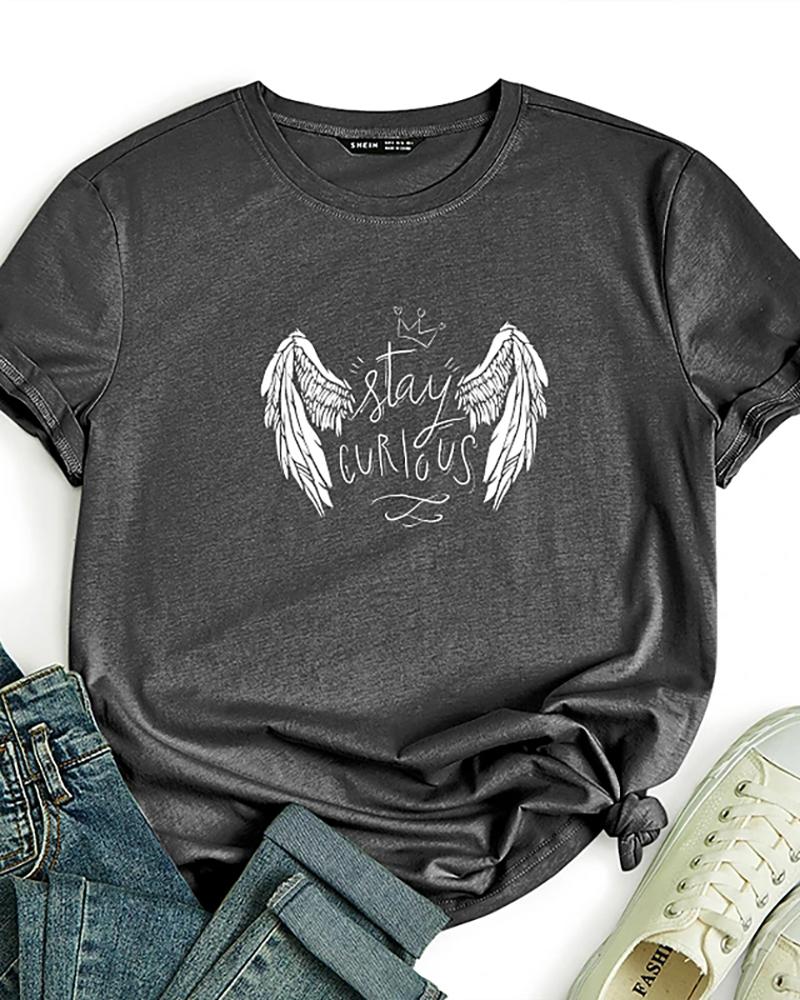 

Graphic Text Angel Print Round Neck Cotton Basic Top, Dark grey
