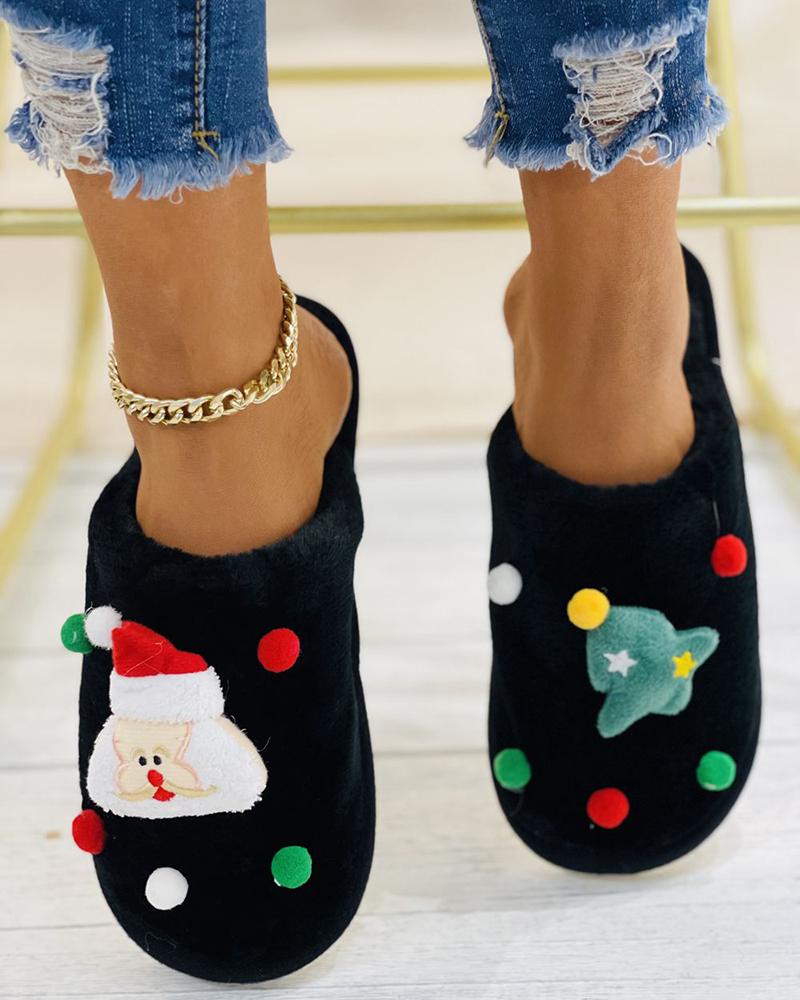

Christmas Santa Tree Pattern Pom Pom Fluffy Slippers, Black