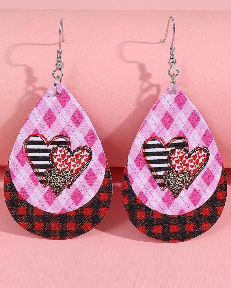 

1Pair Valentine's Day Plaid Heart Shaped Water Drop Earrings, Pink