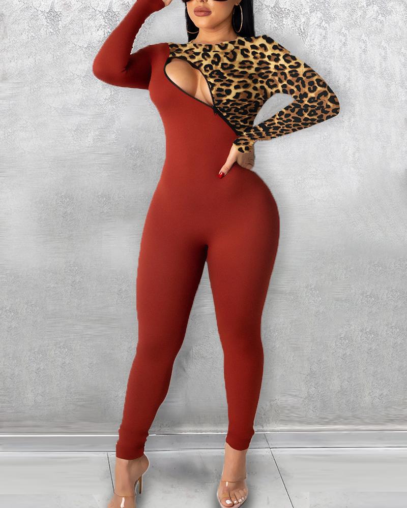 

Plus Size Cutout Leopard Print Long Sleeve Skinny Jumpsuit, Red