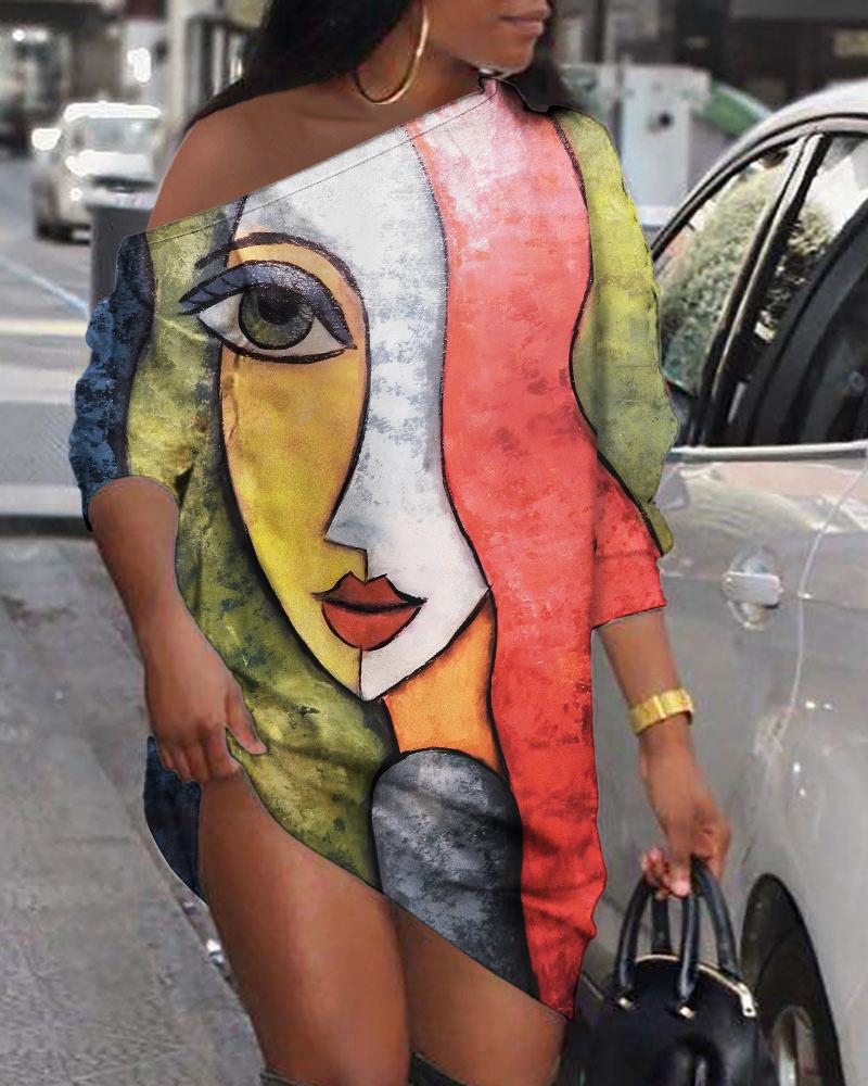 

Abstract Figure Print Long Sleeve Casual Dress, Multicolor
