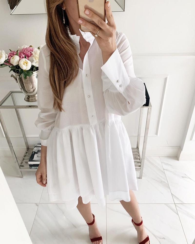 

Solid Color Pleated Long Sleeve Shirt Dresses, White