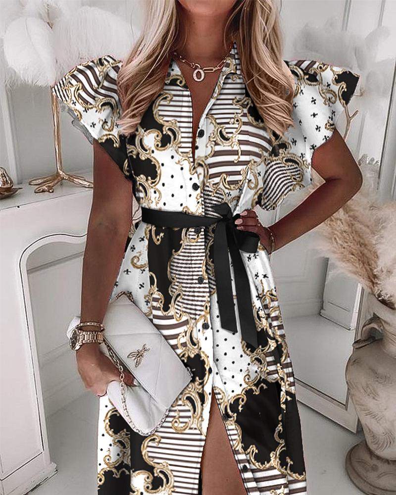 

Scarf Print Flutter Sleeve Button Up Tied Shirt Dress, Black&white