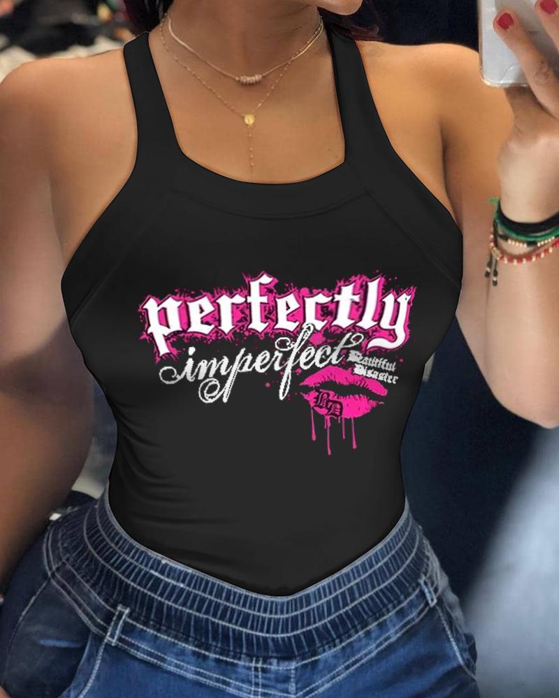 

Perfectly Imperfect Lip Print Bowknot Decor Tank Top, Black