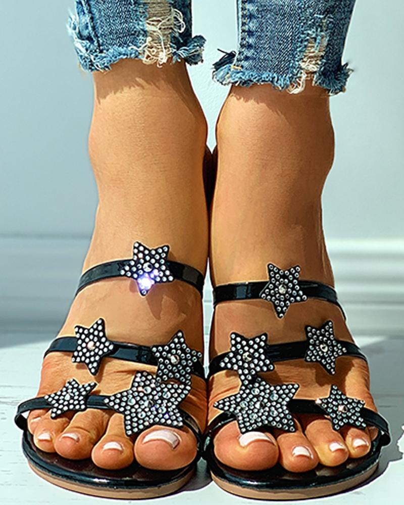 

Star Pattern Studded Open Toe Slippers, Black