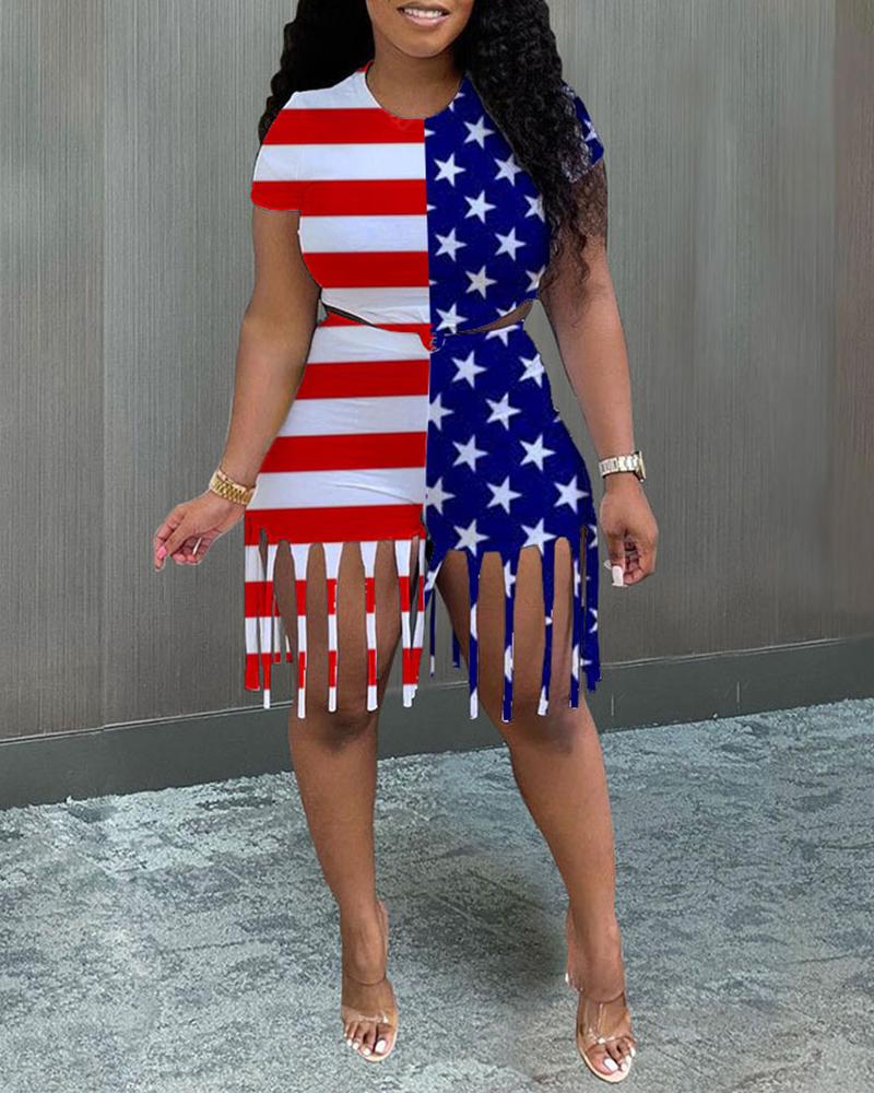 

Lip / Flag Print Top & Tassel Design Shorts Set, Style3