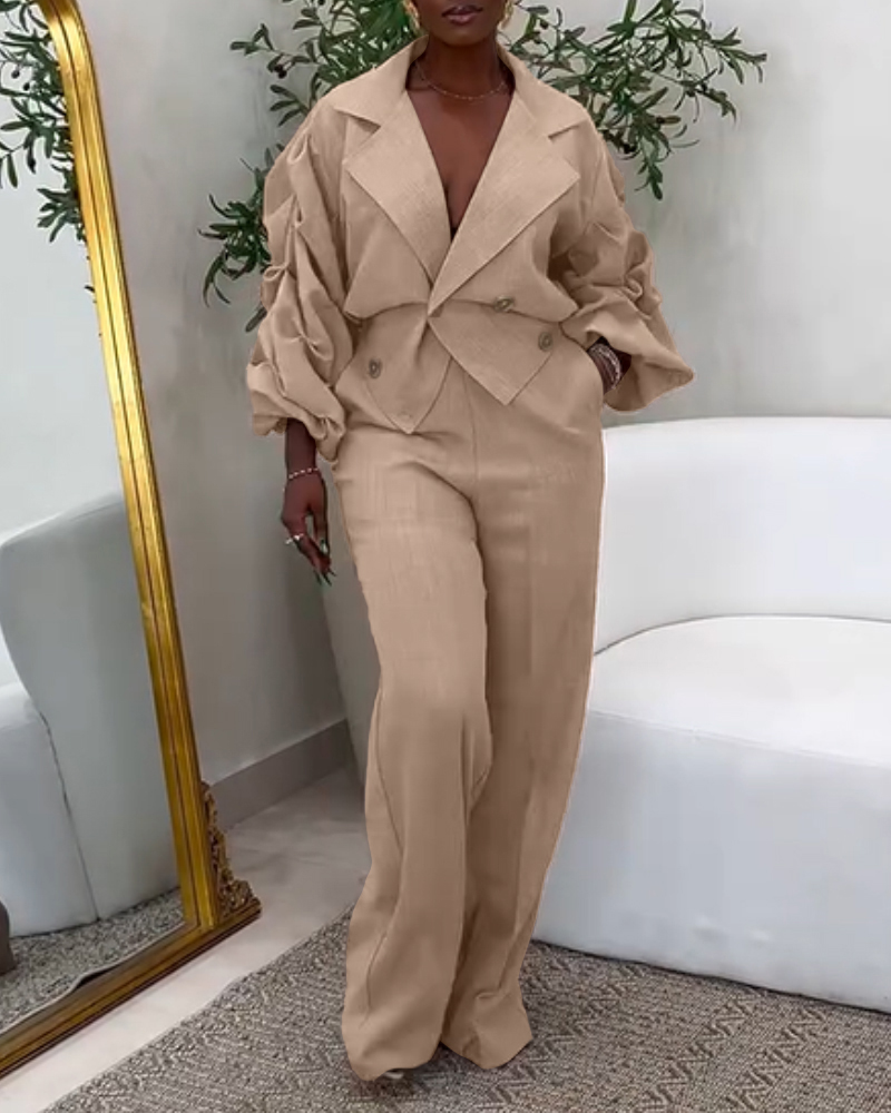 

Conjunto de 2 piezas con cuello con muescas, doble botonadura, blusa fruncida con mangas farol y pantalones casuales de cintura elástica y pierna ancha, Khaki