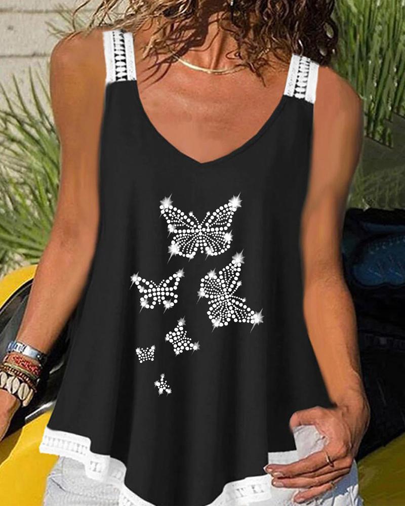

Lace Trim Rhinestone Butterfly Pattern Tank Top, Black