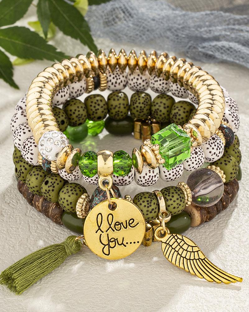 

4pcs Tassel Wing Charm Beaded Bracelet Set, Green