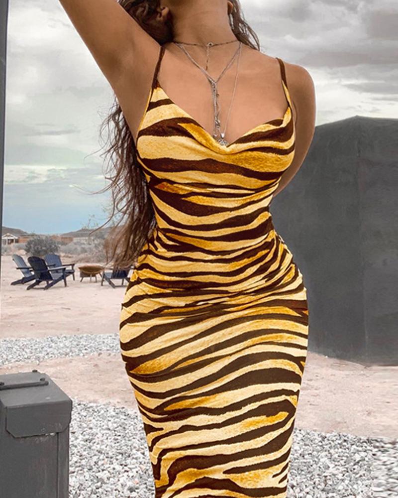 

Zebra Striped Print Strap Loose Midi Dress, Yellow