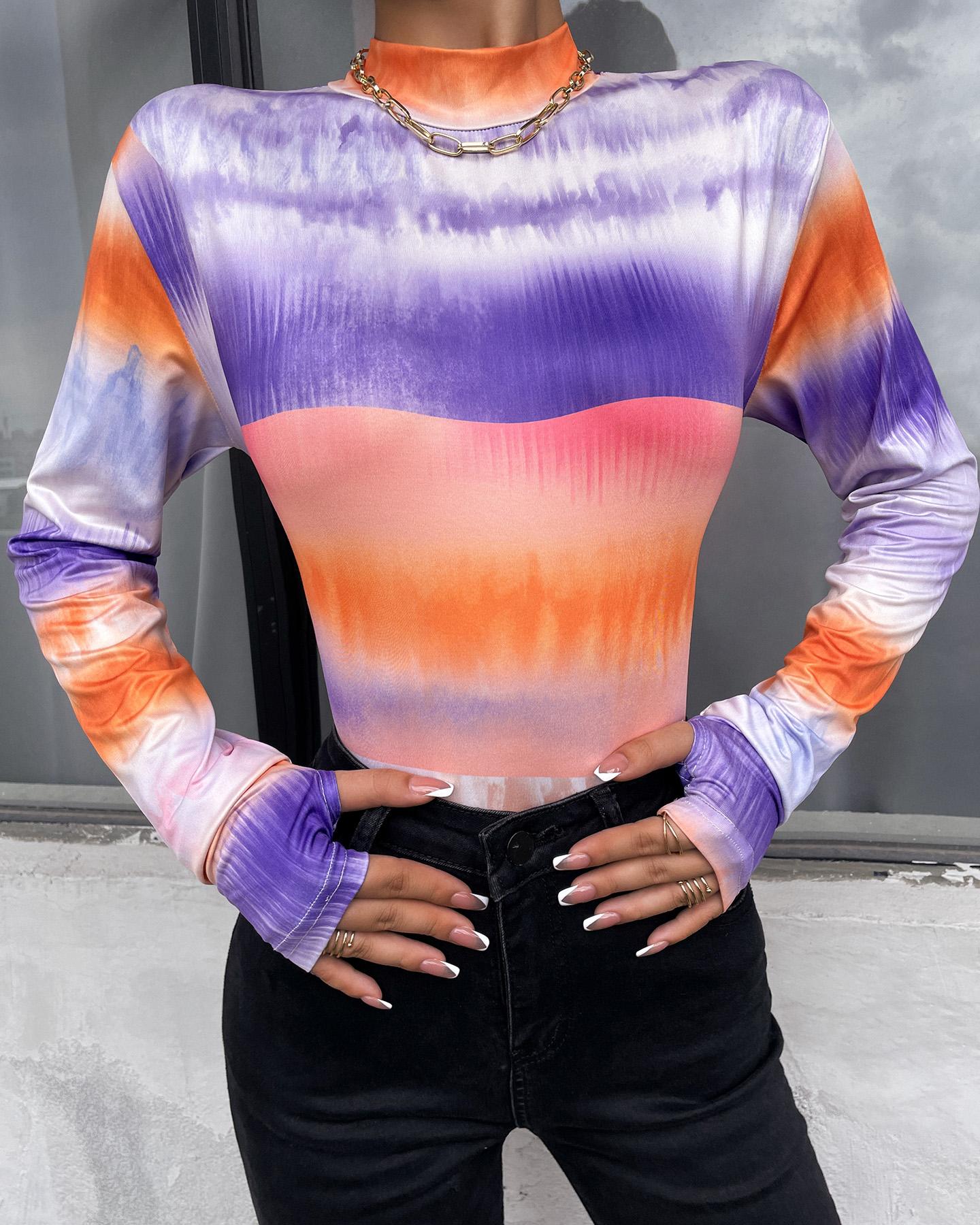 

Tie Dye Print Long Sleeve Round Neck Top, Multicolor