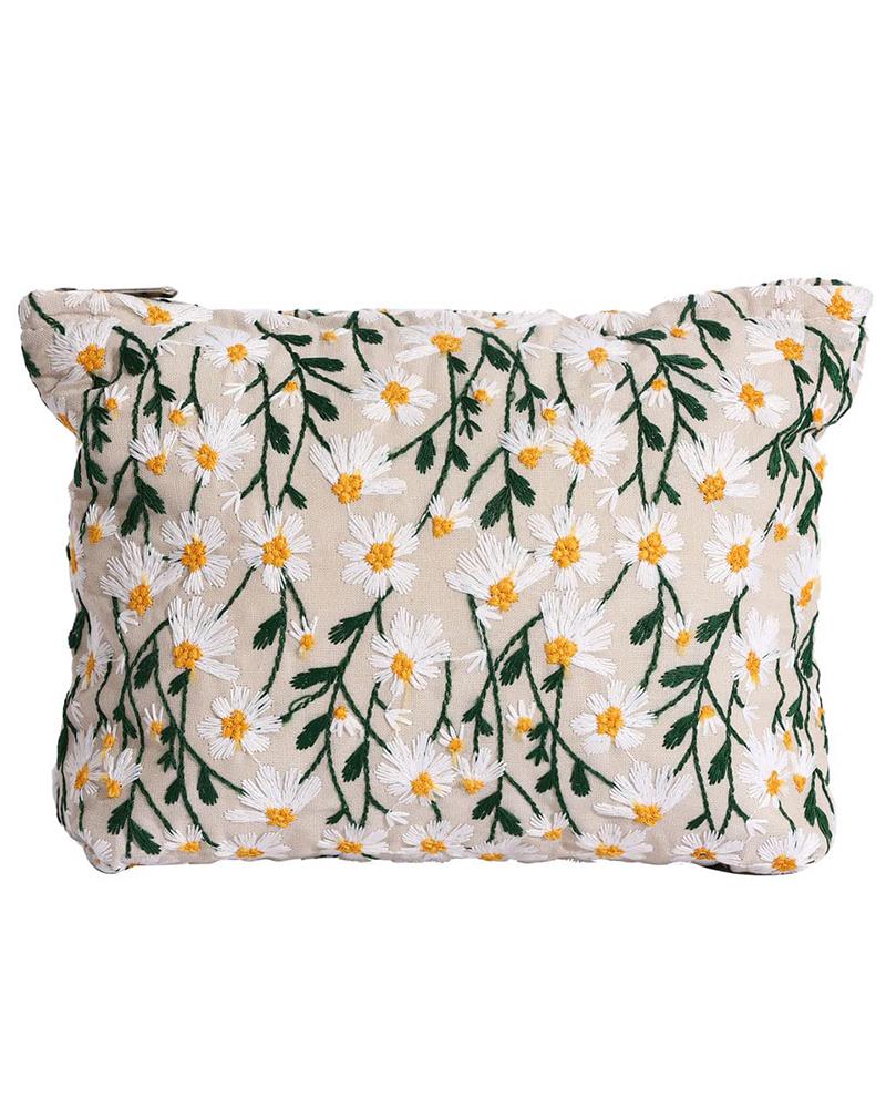 

Daisy Embroidery Large Capacity Makeup Cosmetic Toiletry Bag Accessories Organizer, Beige