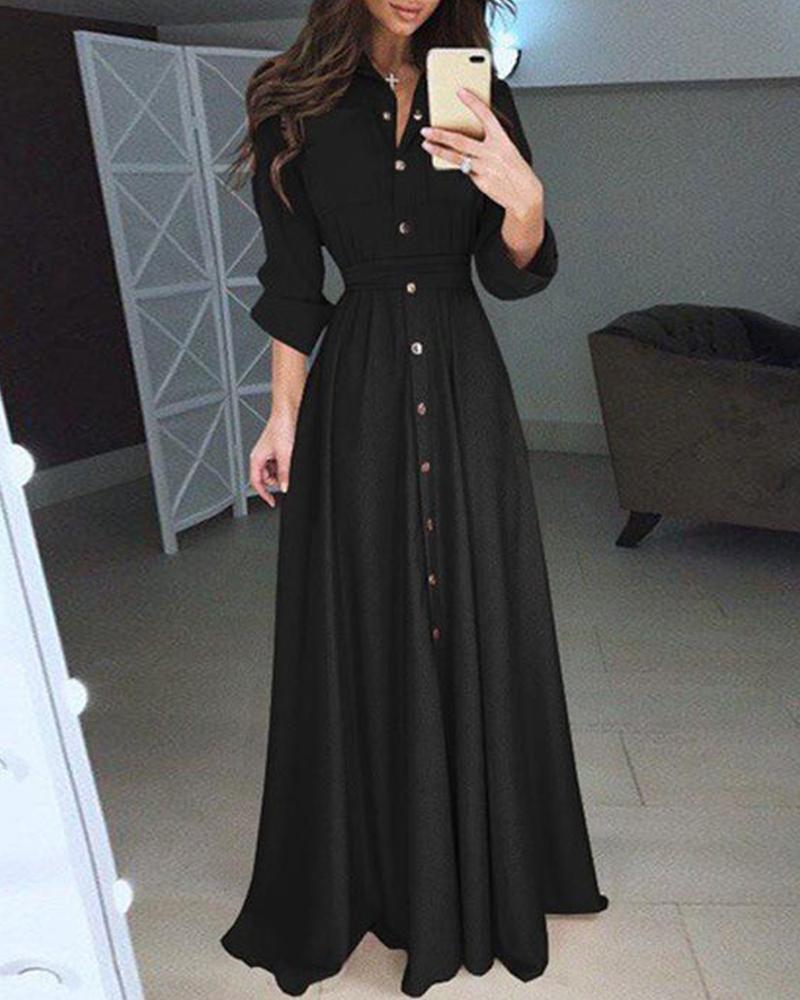 

Button Design Long Sleeve Maxi Dress, Black