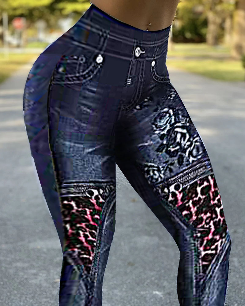 

Floral Leopard Patterns Patchwork Skinny High Waist Denim Pants Jeans, Blue