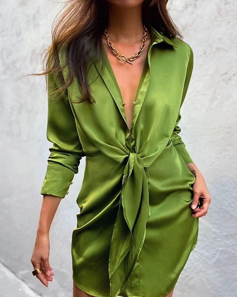 

Long Sleeve Ruched Satin Tied Detail Shirt Dress, Green