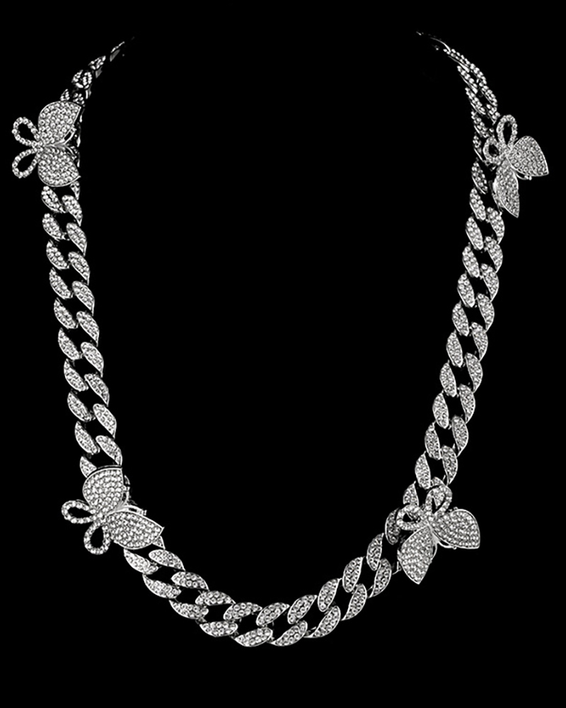 

Butterfly Studded Chain Layered Pendant Necklace, Silver