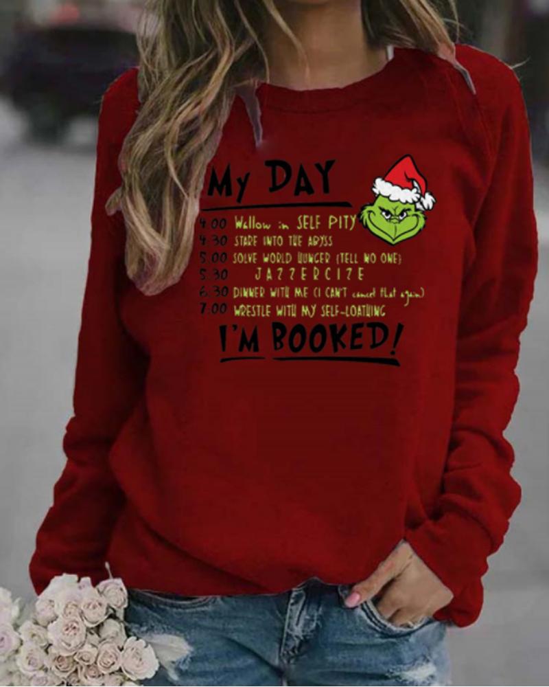 

Christmas Grinch Letter Print Long Sleeve Top, Wine red
