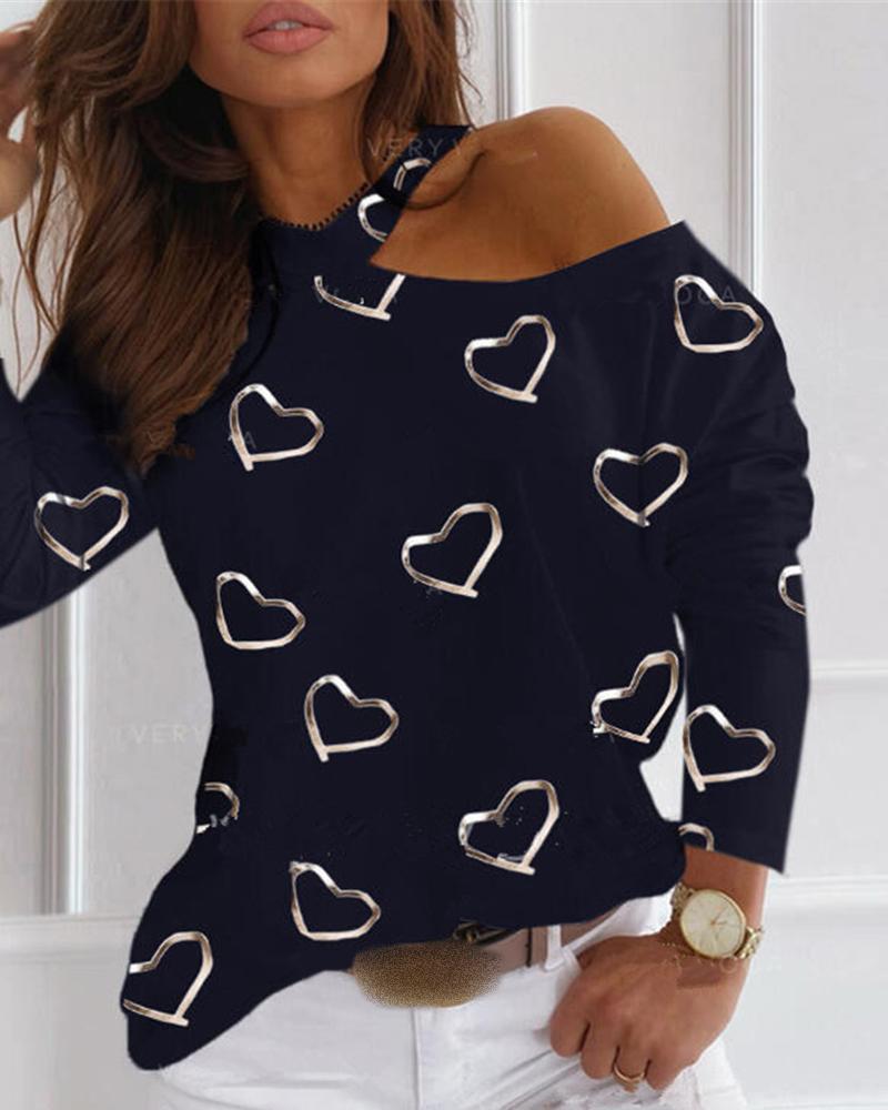 

One Shoulder Heart Print Top, Black