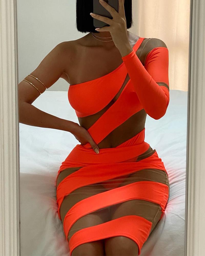 

One Shoulder Sheer Mesh Patch Bodysuit & Skirt Set, Orange