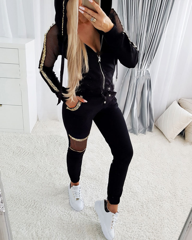 

Contrast Sequin Fishnet Patch Zip Up Hooded Top & Pants Set, Black
