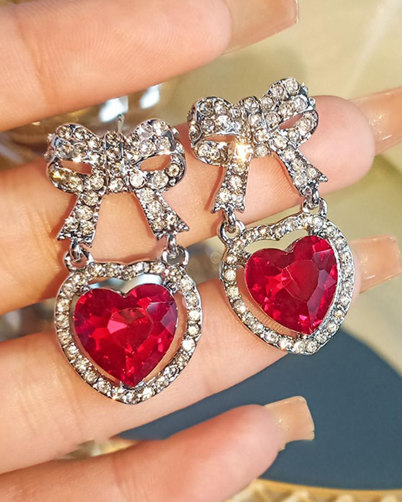 

1Pair Rhinestone Heart Bowknot Pattern Drop Earrings, Red