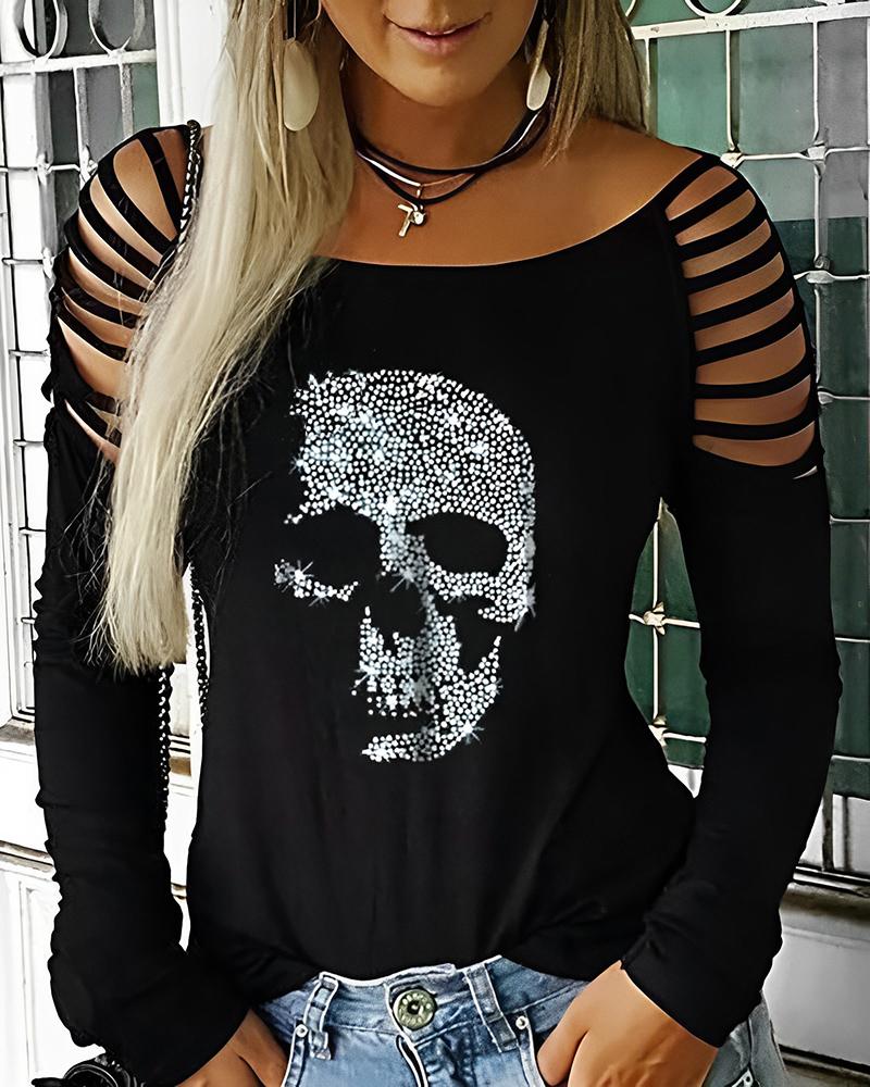 

Ladder Cutout Studded Skull Pattern Top, Black