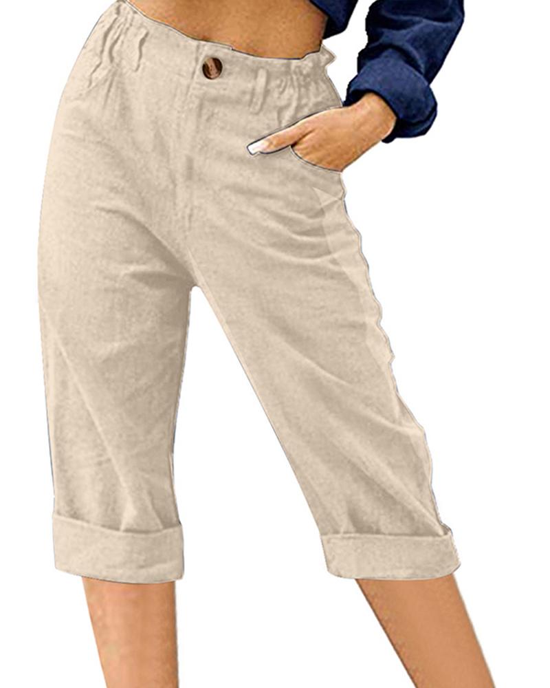 

High Waist Pocket Design Capris Pants, Apricot