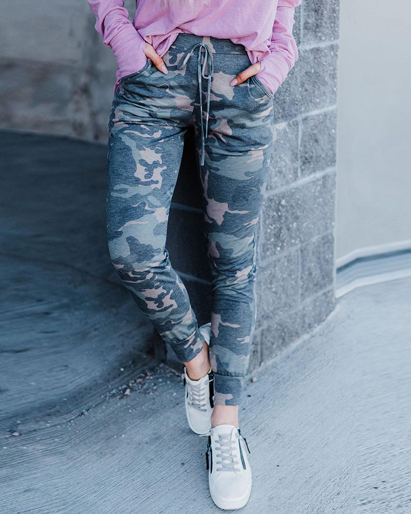 

Camouflage Print Drawstring Pocket Design Pants, Camoflage
