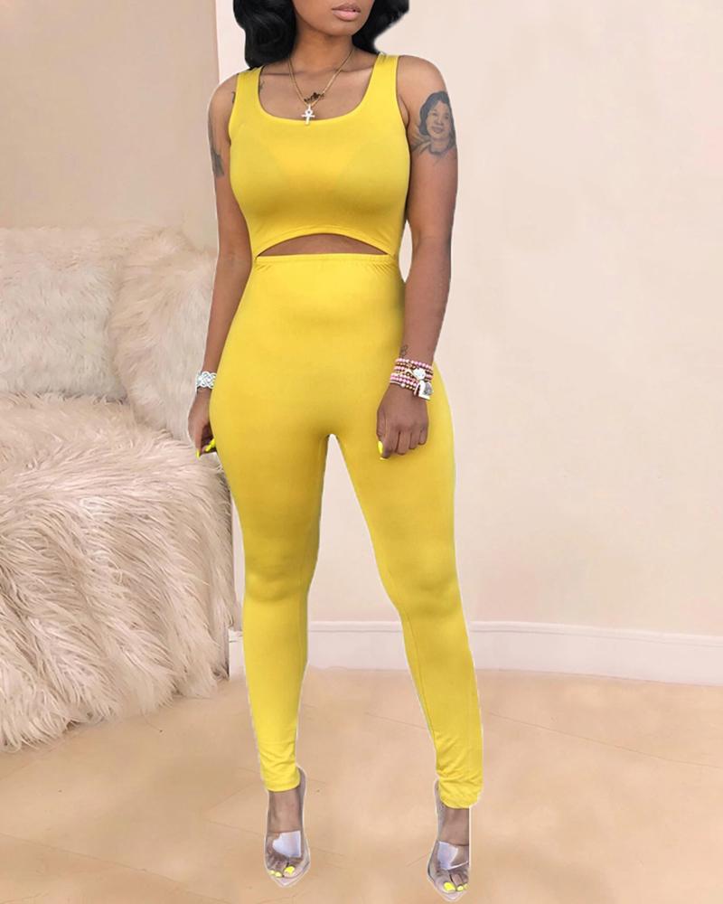

Cut Out Waist Design Sleeveless Jumpsuit, Yellow