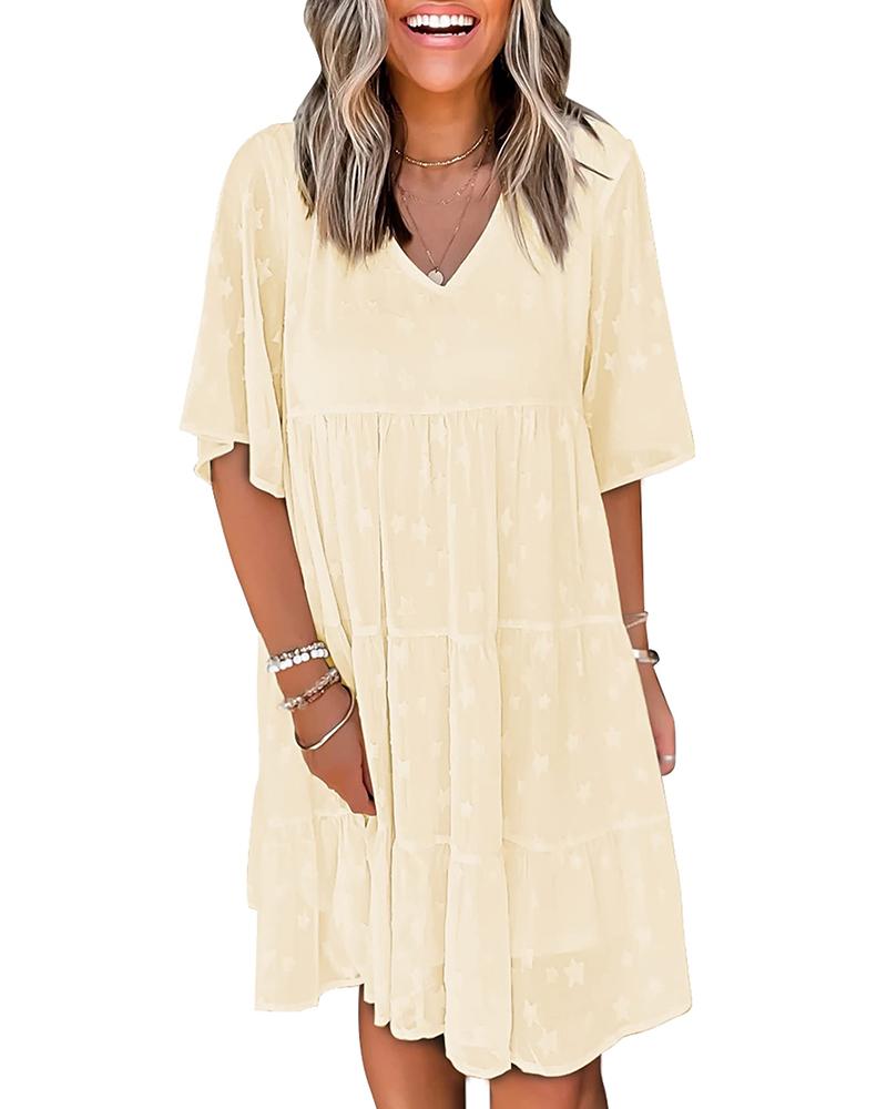 

Star Pattern V-Neck Casual Dress, Apricot
