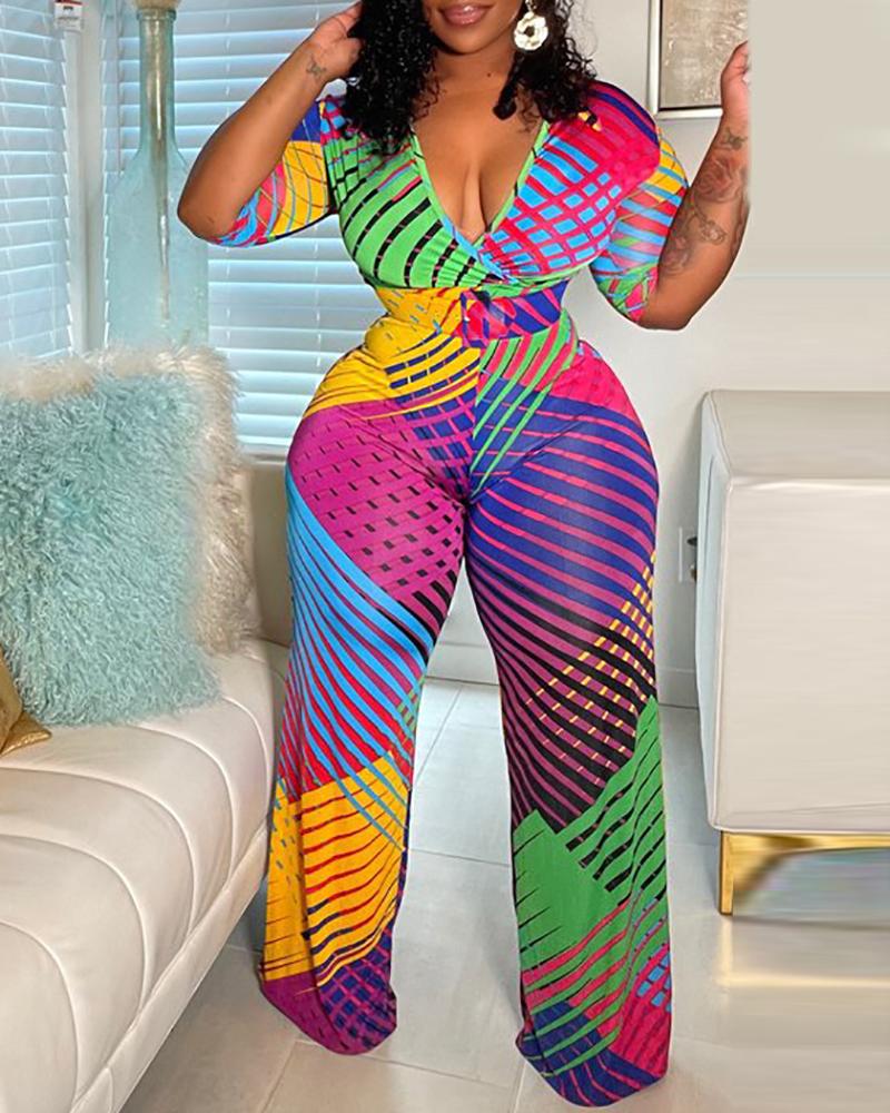 

Plus Size Plunge Colorblock Wide Leg Jumpsuit, Blue