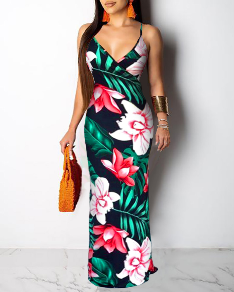 

Floral Print Sling Maxi Dress, Green
