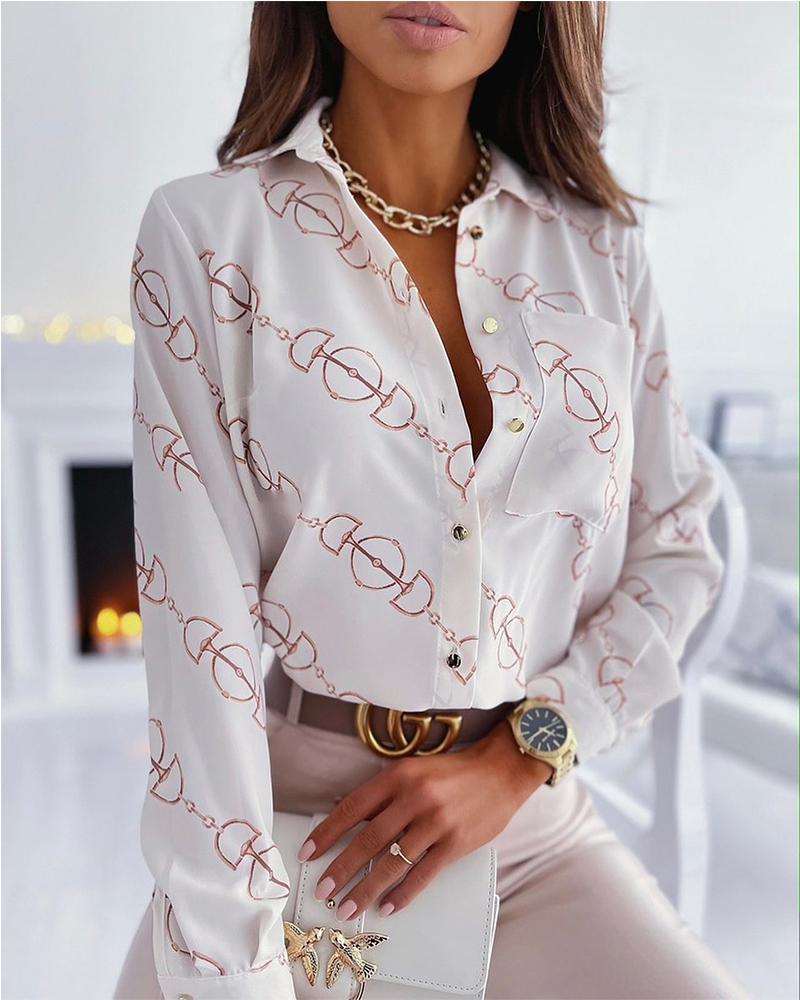 

Graphic Print Patch Pocket Button Up Top, White