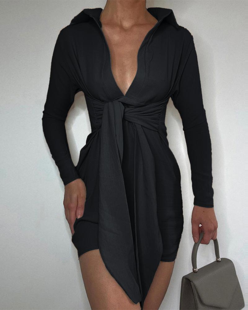 

Long Sleeve Tied Detail Bodycon Dress, Black