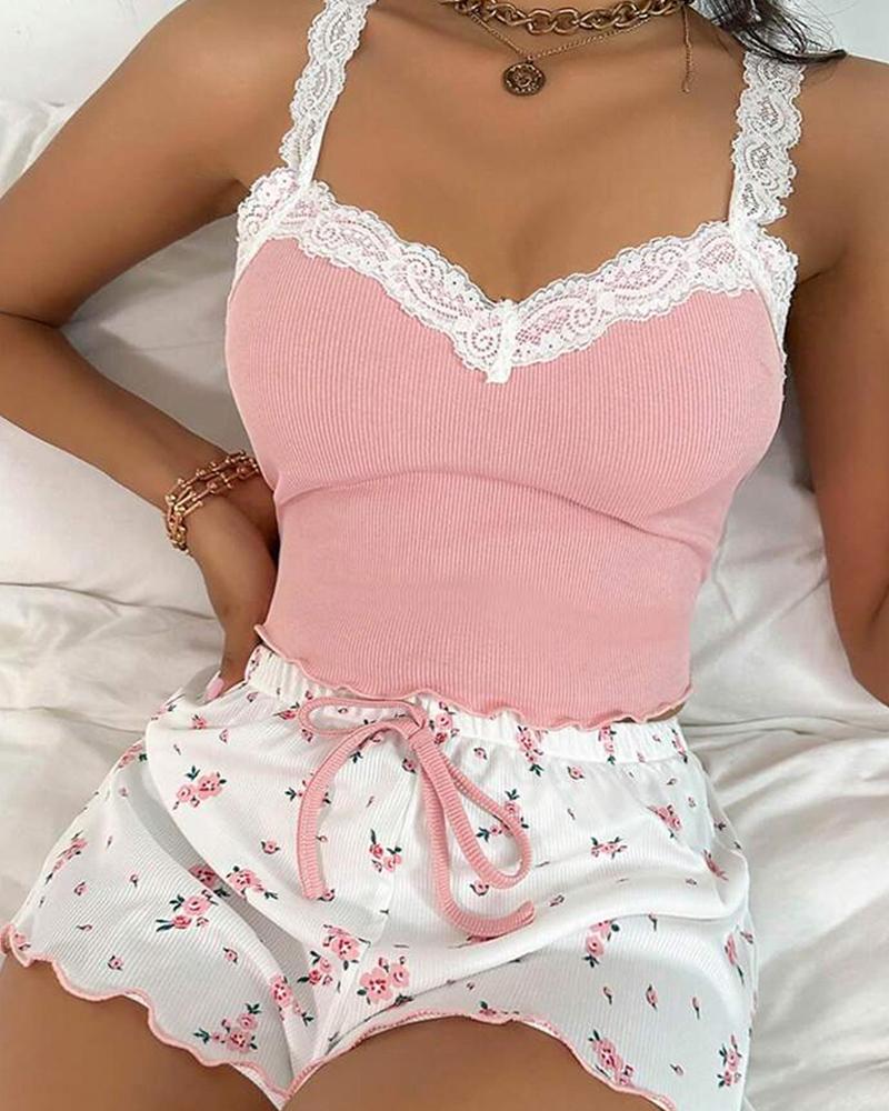 

Ditsy Floral Print Contrast Lace Frill Hem Drawstring Cami Set, Pink