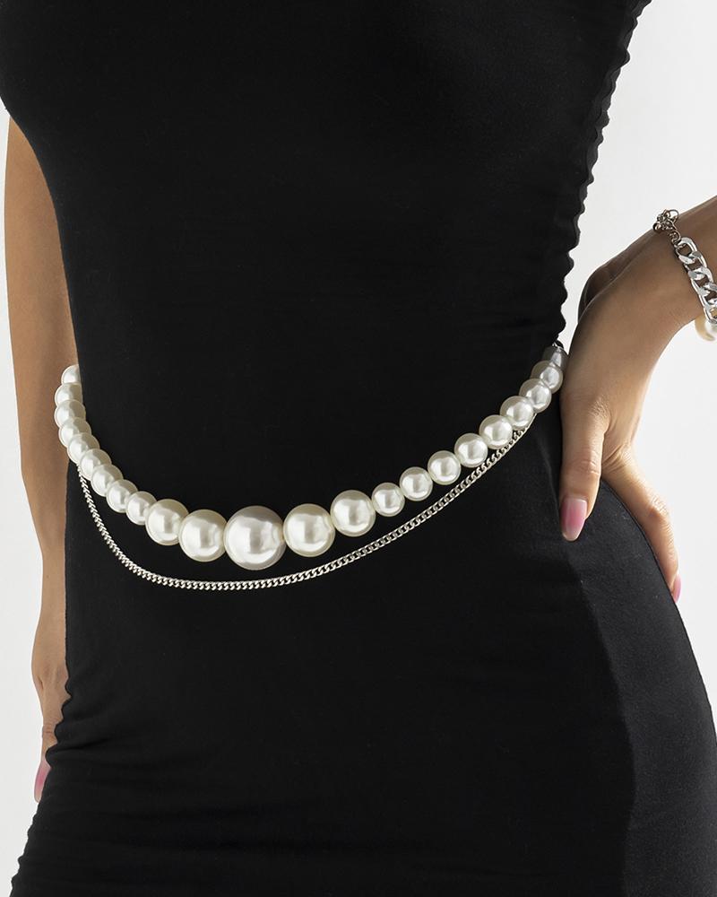 

1pc Pearls Beaded Multi-layer Waist Chain, Silver