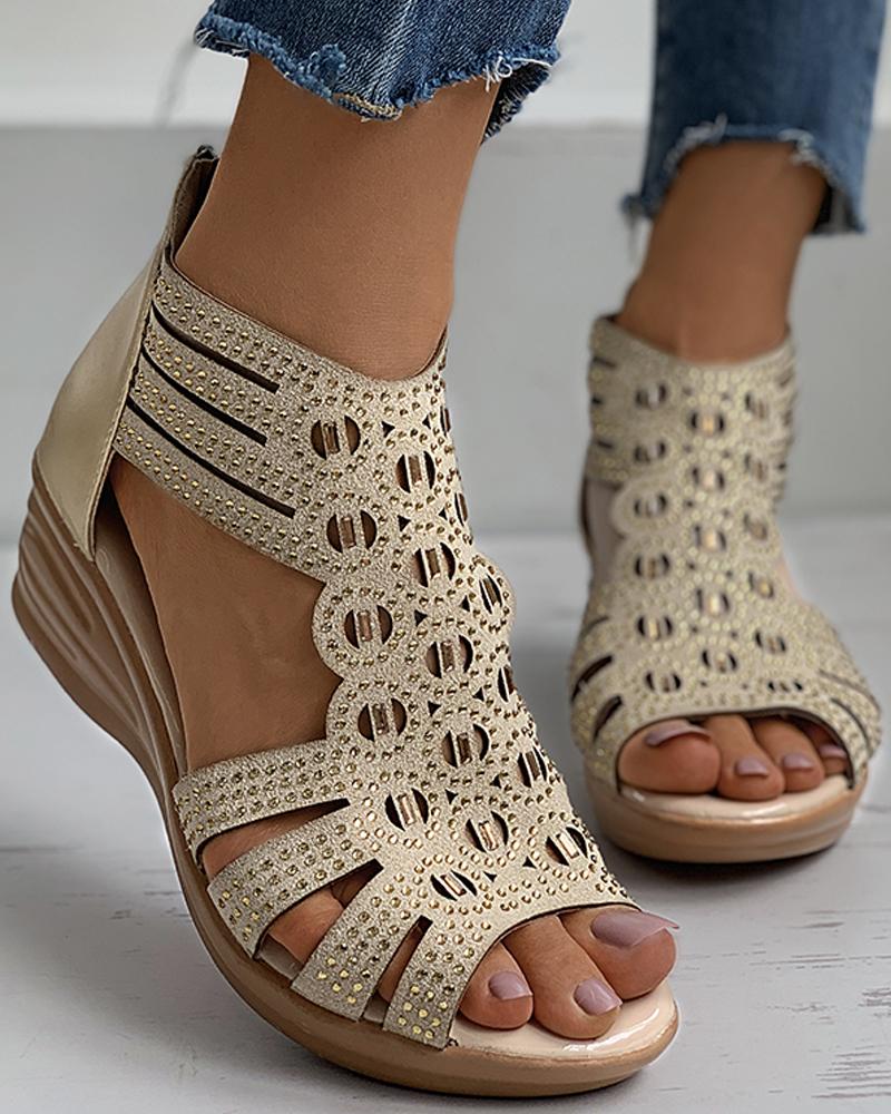 

Rhinestone Cutout Peep Toe Wedge Sandals, Gold