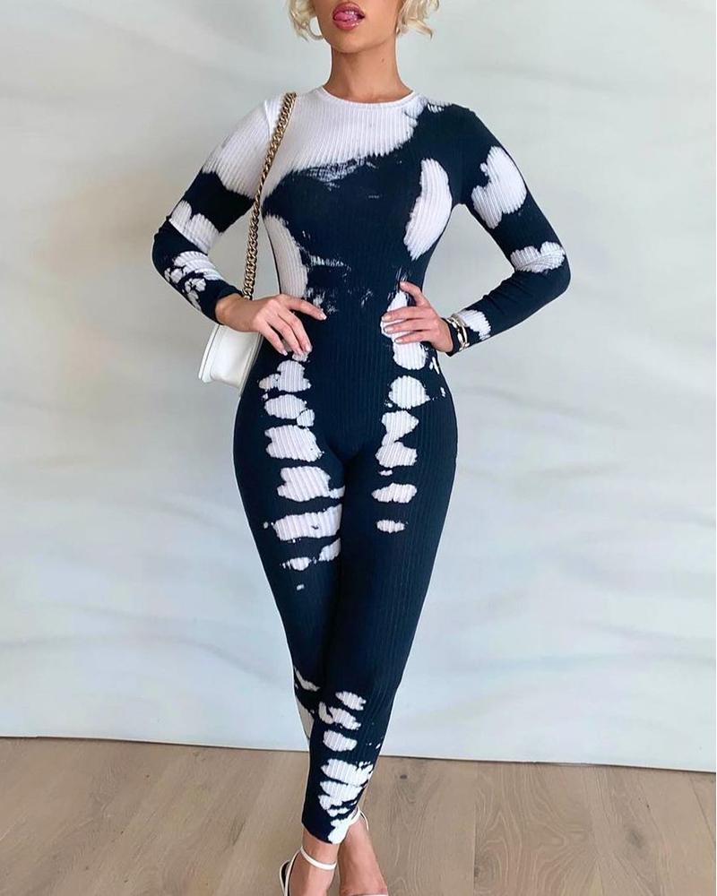 

Tie Dye Print Long Sleeve Skinny Jumpsuit, Multicolor