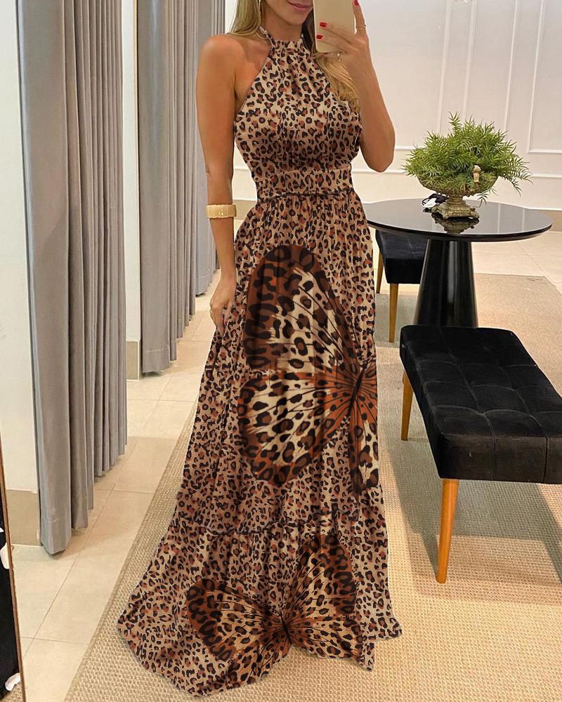 

Leopard Butterfly Print Halter Backless Maxi Dress