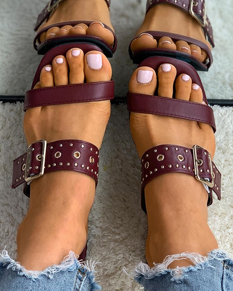 

Eyelet Buckled Square Toe Slippers, Wine red