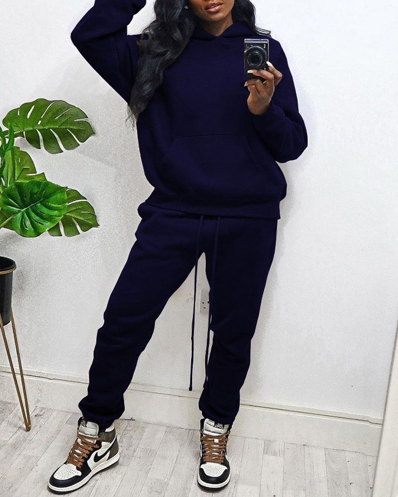 

Pocket Detail Hooded Sweatshirt & Drawstring Pants Set, Blue