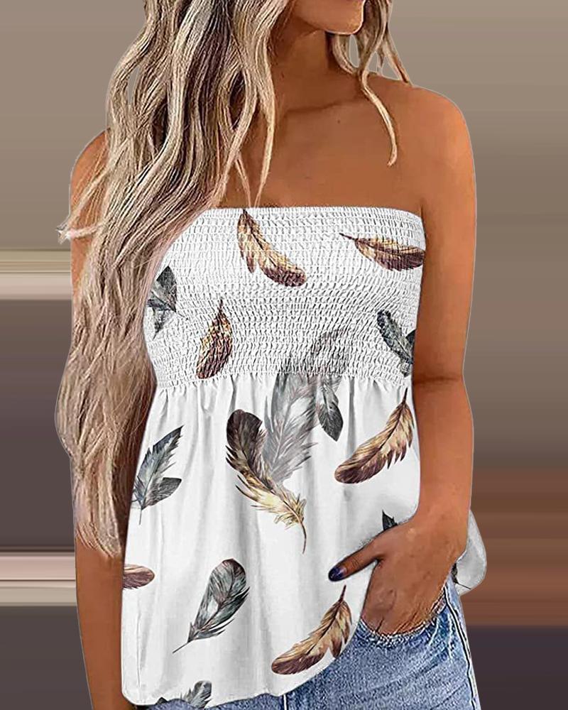 

Feather Print Shirred Ruched Tank Top, White