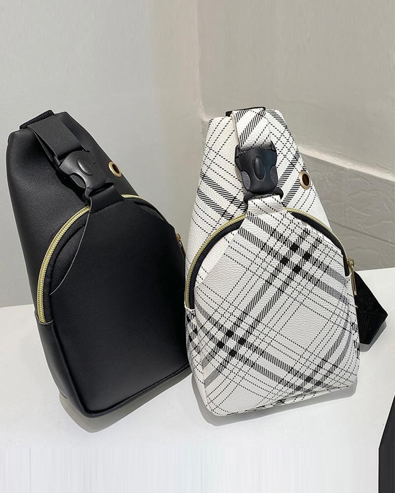 

Graphic Plaid Print Zipper Design Shoulder Bag, Blackwhite