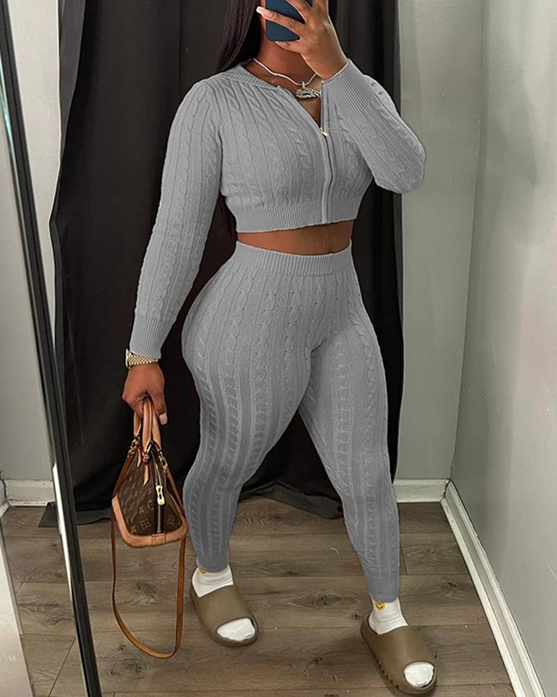 

Zipper Design Hooded Crop Top & High Waist Pants Set, Gray