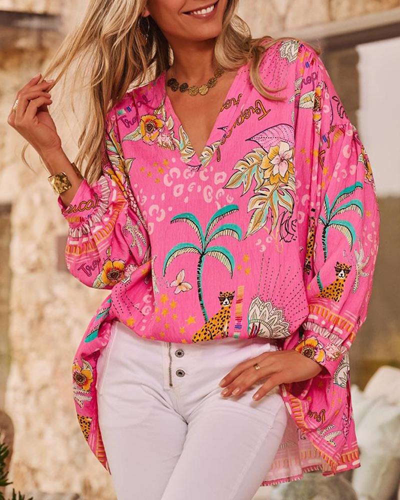 

Pull à manches longues imprimé tribal et haut ample décontracté, Pink