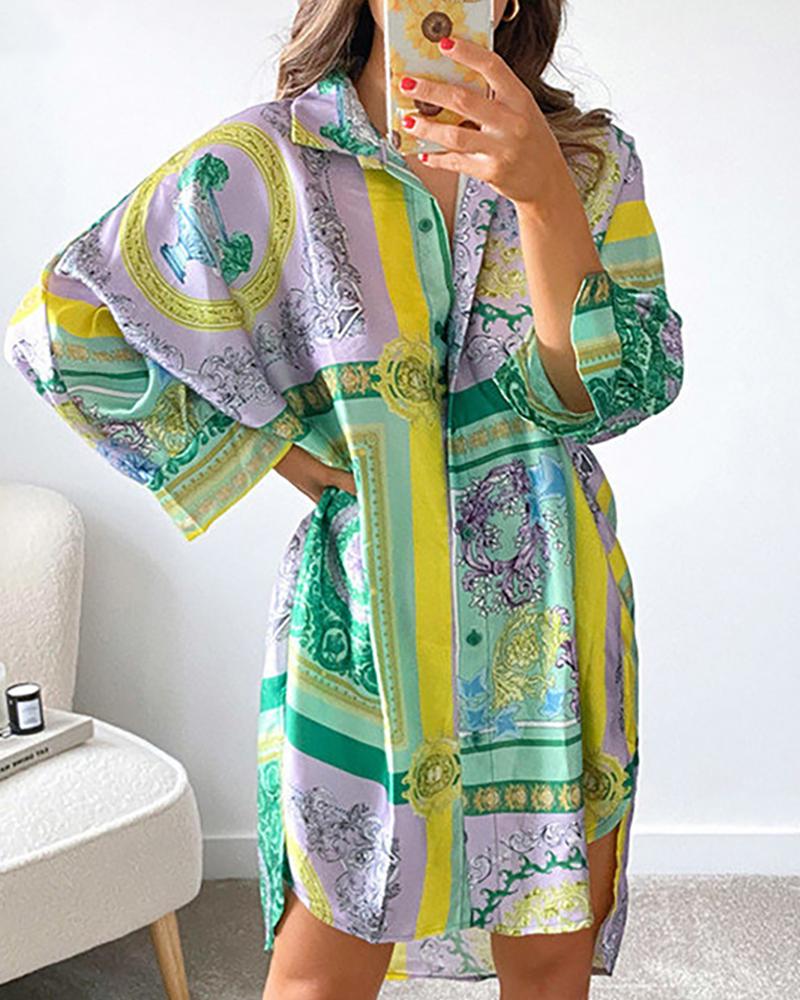 

Long Sleeve Buttoned Baroque Print Shirt, Green