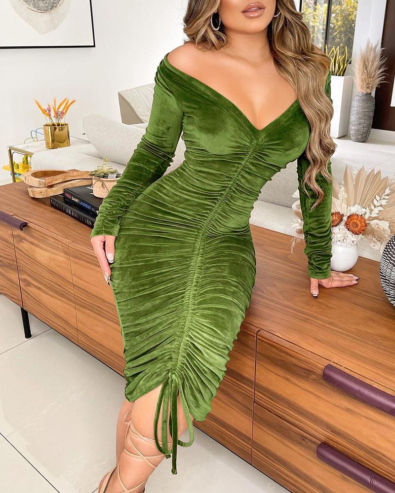 

Plain Velvet Long Sleeve Drawstring Ruched Bodycon Dress V-Neck Slim Fit Skinny Party Dress, Green