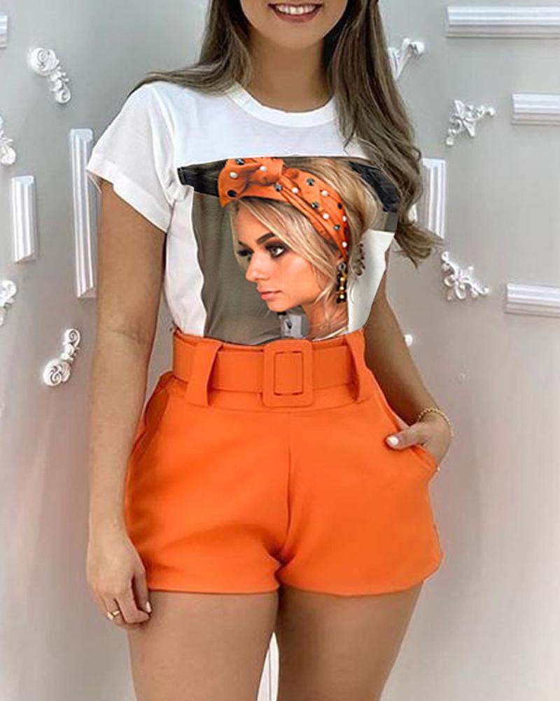 

Figure Print Top & Pocket Design Shorts Set, White
