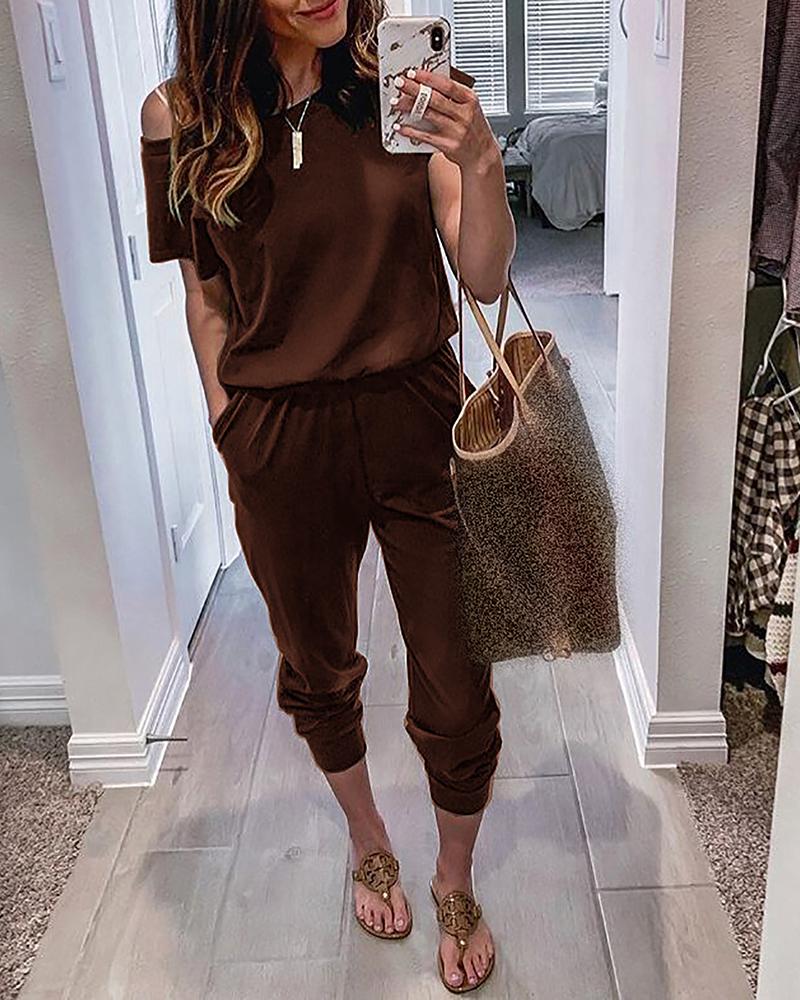 

Solid One Shoulder Pocket Detail Jumpsuit, Coffee